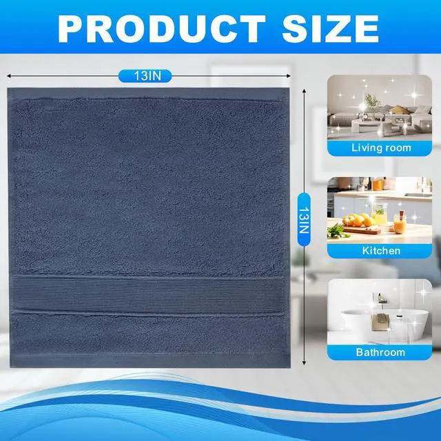 Alt view image 2 of 7 - Premium 100% Cotton Washcloths 3-Pack - 13x13 Inch Highly Absorbent Face Towels with Decorative Band - Thick, Durable, Lint-Free Wash Cloths for Bathroom, Body, Spa & Kitchen Cleaning