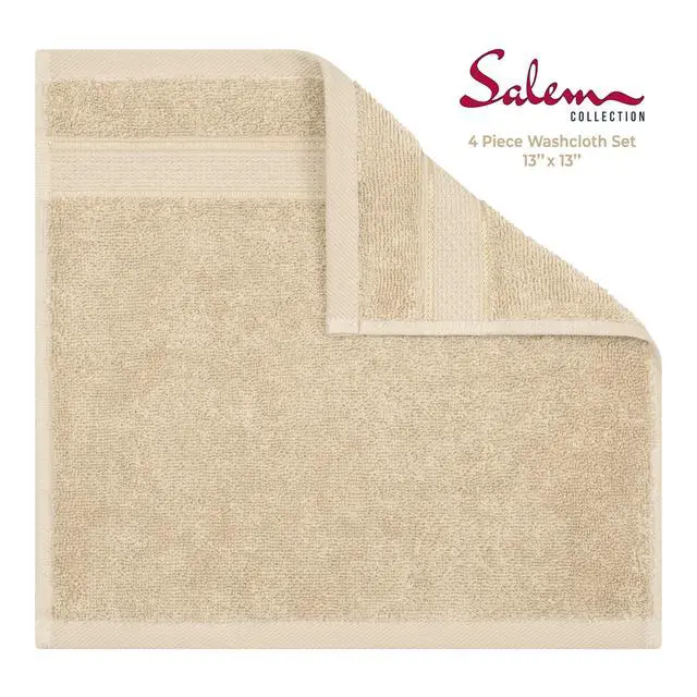 Alt view image 3 of 7 - Salem Washcloth Sets, 4 Piece Luxury 600 GSM 100% Cotton Washcloths for Bathroom, 13x13 inches Washrags Premium Quality Hand Face Towels, Beige