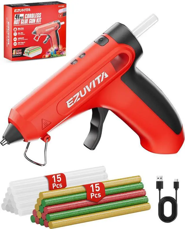 Main image of 4V Red Cordless Hot Glue Gun Kit, 30-Piece Glue Sticks