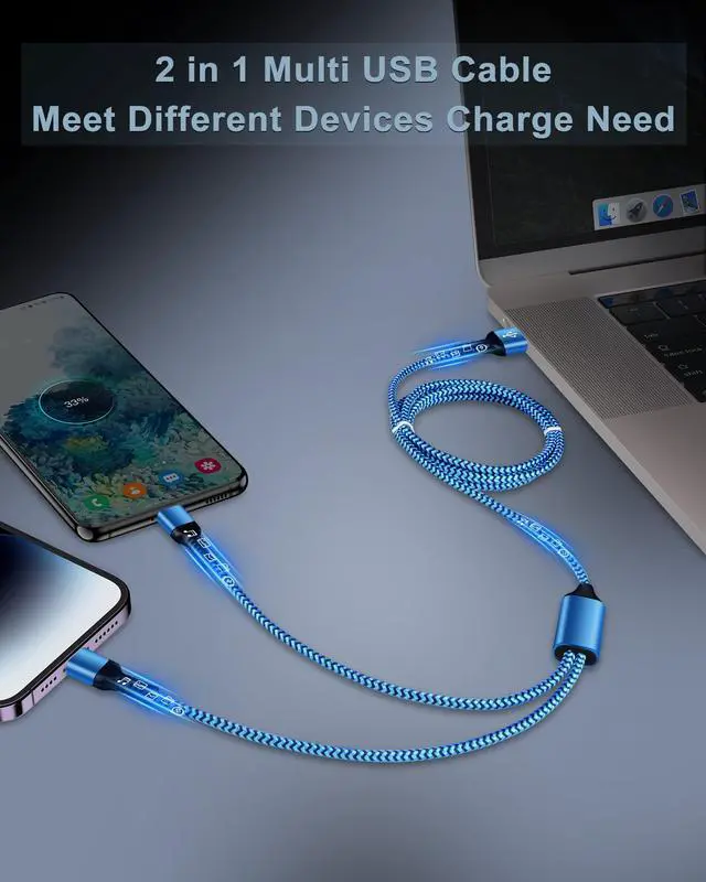 Alt view image 3 of 7 - USB Charger Cable, 2 in 1 USB C and Lightning Charging Cable Cord 4FT | Braided Multiple USB Charging Cable with Type-C/Lightning Port for iPhone 17 16 15 14 Pro Max Plus 13, iPad, Samsung, Google