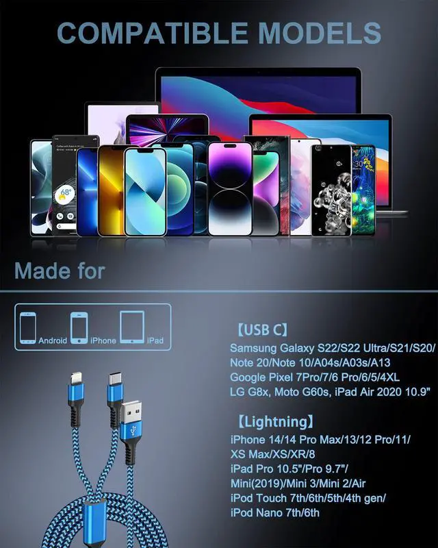Alt view image 7 of 7 - USB Charger Cable, 2 in 1 USB C and Lightning Charging Cable Cord 4FT | Braided Multiple USB Charging Cable with Type-C/Lightning Port for iPhone 17 16 15 14 Pro Max Plus 13, iPad, Samsung, Google