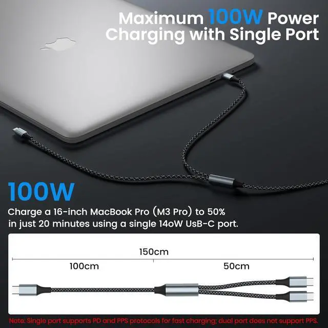Alt view image 3 of 7 - Multi Charging Cable 5FT, 2 in 1 USB C to USB C Cable 100W Max Fast Charging for iPhone 17/17 Pro/16, MacBook Air/Pro, Samsung Galaxy S26/S25/S24 and More