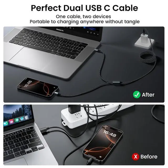 Alt view image 2 of 7 - Multi Charging Cable 5FT, 2 in 1 USB C to USB C Cable 100W Max Fast Charging for iPhone 17/17 Pro/16, MacBook Air/Pro, Samsung Galaxy S26/S25/S24 and More