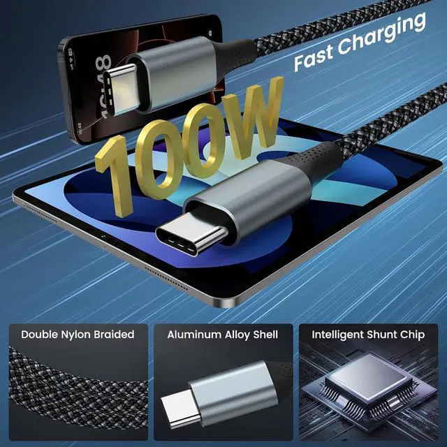 Alt view image 5 of 7 - Multi Charging Cable 5FT, 2 in 1 USB C to USB C Cable 100W Max Fast Charging for iPhone 17/17 Pro/16, MacBook Air/Pro, Samsung Galaxy S26/S25/S24 and More