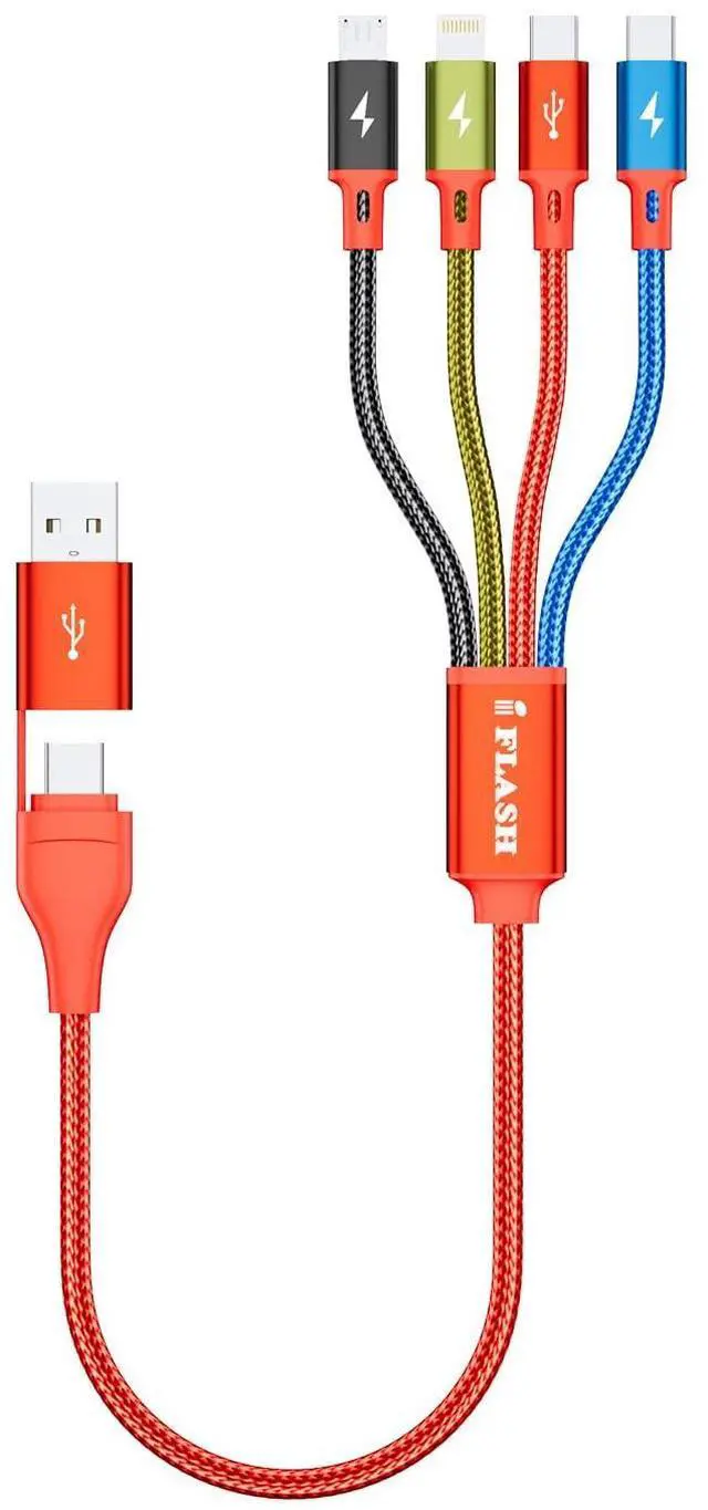 Main image of USB A/C to 4in1 Multi Port Charging Cable Cord, Nylon Braided - Compatible with Galaxy S25 S24 S20 Note, Android, iPhone 17 16 15 14 13 XS MAX XR X 8 7 Plus iPad Pro Air Mini (1.5FT Red)