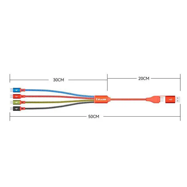 Alt view image 2 of 2 - USB A/C to 4in1 Multi Port Charging Cable Cord, Nylon Braided - Compatible with Galaxy S25 S24 S20 Note, Android, iPhone 17 16 15 14 13 XS MAX XR X 8 7 Plus iPad Pro Air Mini (1.5FT Red)