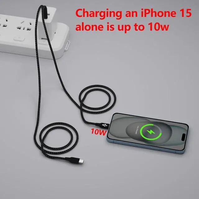 Alt view image 5 of 7 - Dual USB C Charging Cable 4FT Black, Multi 2 in 1 USB-C to Double USB c Cord, Type C Splitter Cable for iPhone 15/15 Pro/15 Pro Max/15 Plus, iPad Pro/Air, Samsung Galaxy S24, Carplay, in Car, Andriod