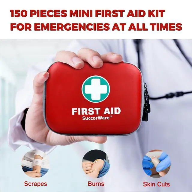 Alt view image 5 of 7 - 150 Pieces Mini First Aid Kit - Small Medical Kit with Hard Shell - Emergency First Aid Kit for Car, Travel, Home, Outdoor, Office, Camping, Hiking (Red)