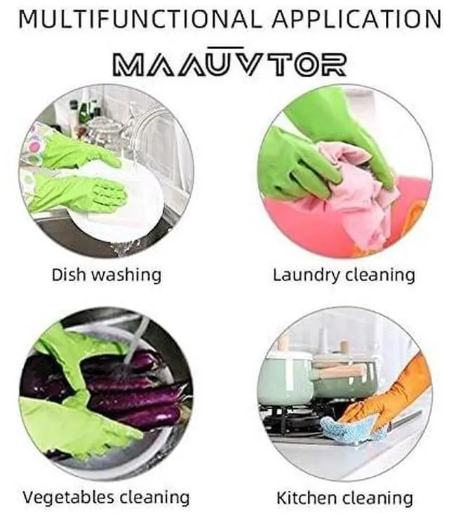 Alt view image 4 of 4 - Reusable Waterproof Household Latex Gloves | Ideal for Kitchen Dishwashing, Laundry, Cleaning, Gardening, and Sanitation | 2 Pairs (Blue & Green)