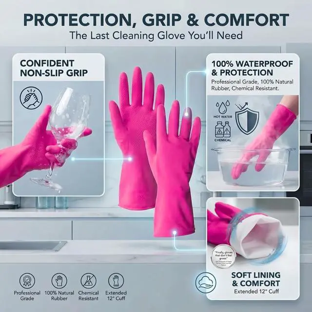 Alt view image 4 of 6 - Natural Rubber Gloves, 6 Pairs Reusable Multi-Purpose Household Cleaning Gloves with Soft Inner Lining, Waterproof & Chemical-Resistant, Cotton Candy, X-Large