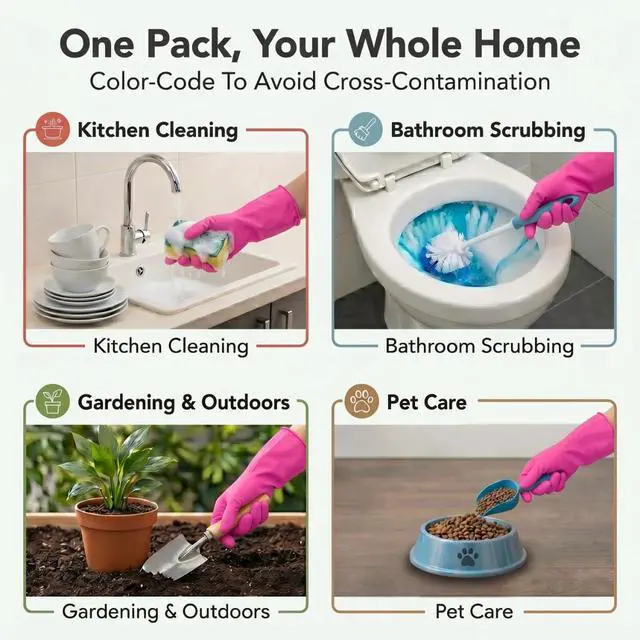 Alt view image 6 of 6 - Natural Rubber Gloves, 6 Pairs Reusable Multi-Purpose Household Cleaning Gloves with Soft Inner Lining, Waterproof & Chemical-Resistant, Cotton Candy, X-Large