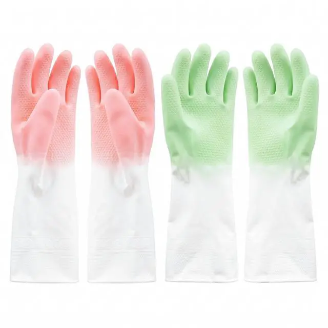 Main image of Cleaning Gloves 2 Pairs Medium, Reusable Rubber Dishwashing Kitchen Women | Non-Slip Honeycomb Grip, Water-Blocking Long Cuff, Household Bathroom Laundry Pet Bath, Thick Textured, Mint & Pink, Tub