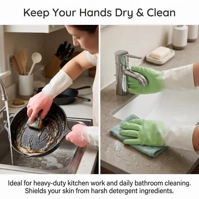 Alt view image 2 of 7 - Cleaning Gloves 2 Pairs Medium, Reusable Rubber Dishwashing Kitchen Women | Non-Slip Honeycomb Grip, Water-Blocking Long Cuff, Household Bathroom Laundry Pet Bath, Thick Textured, Mint & Pink, Tub