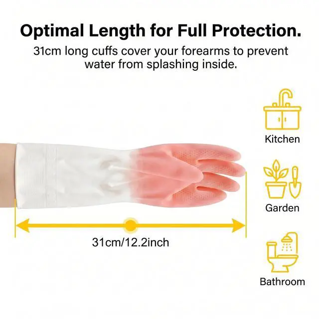 Alt view image 3 of 7 - Cleaning Gloves 2 Pairs Medium, Reusable Rubber Dishwashing Kitchen Women | Non-Slip Honeycomb Grip, Water-Blocking Long Cuff, Household Bathroom Laundry Pet Bath, Thick Textured, Mint & Pink, Tub