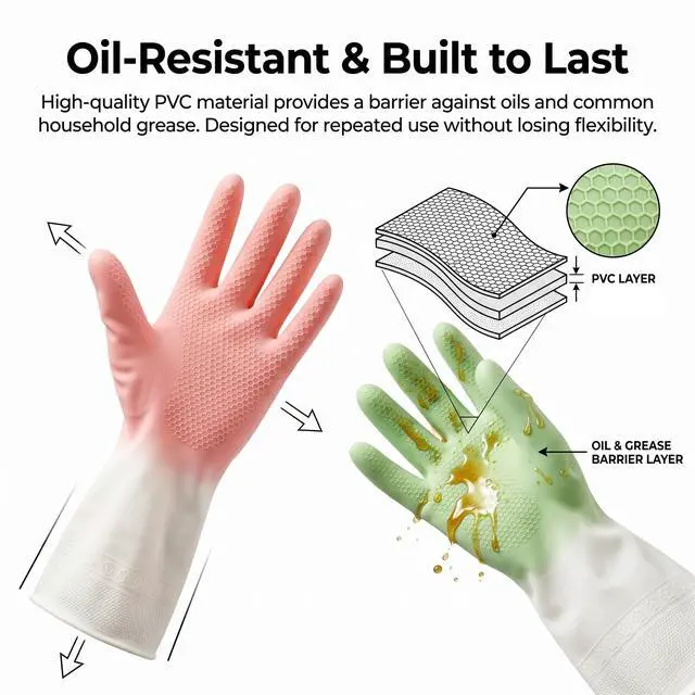 Alt view image 4 of 7 - Cleaning Gloves 2 Pairs Medium, Reusable Rubber Dishwashing Kitchen Women | Non-Slip Honeycomb Grip, Water-Blocking Long Cuff, Household Bathroom Laundry Pet Bath, Thick Textured, Mint & Pink, Tub