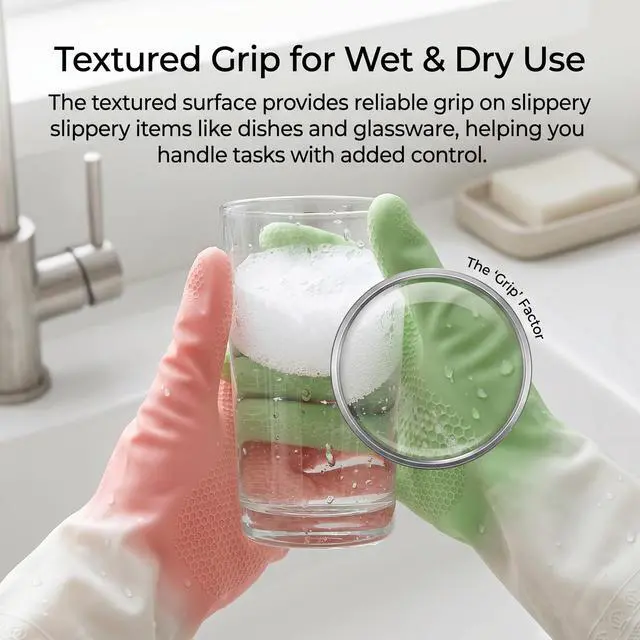 Alt view image 5 of 7 - Cleaning Gloves 2 Pairs Medium, Reusable Rubber Dishwashing Kitchen Women | Non-Slip Honeycomb Grip, Water-Blocking Long Cuff, Household Bathroom Laundry Pet Bath, Thick Textured, Mint & Pink, Tub