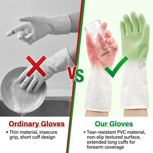 Alt view image 6 of 7 - Cleaning Gloves 2 Pairs Medium, Reusable Rubber Dishwashing Kitchen Women | Non-Slip Honeycomb Grip, Water-Blocking Long Cuff, Household Bathroom Laundry Pet Bath, Thick Textured, Mint & Pink, Tub