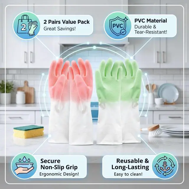 Alt view image 7 of 7 - Cleaning Gloves 2 Pairs Medium, Reusable Rubber Dishwashing Kitchen Women | Non-Slip Honeycomb Grip, Water-Blocking Long Cuff, Household Bathroom Laundry Pet Bath, Thick Textured, Mint & Pink, Tub