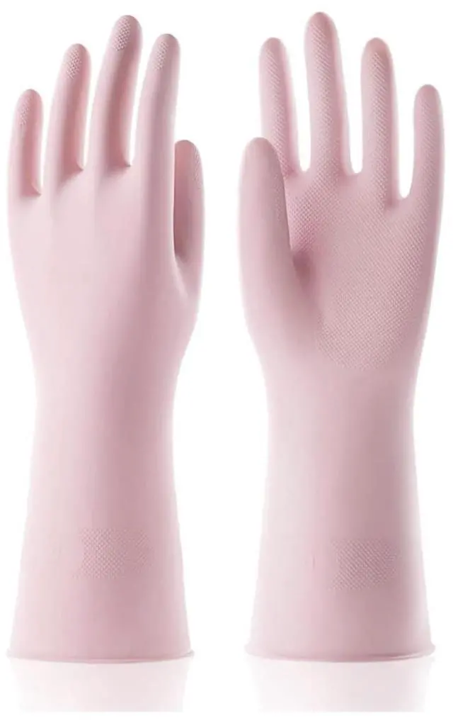 Main image of Pink Non-Slip Waterproof Rubber Cleaning Gloves for Women | 1 Pair, Dish Gloves, Dishwashing, Cotton Liner, Kitchen Bathroom Use