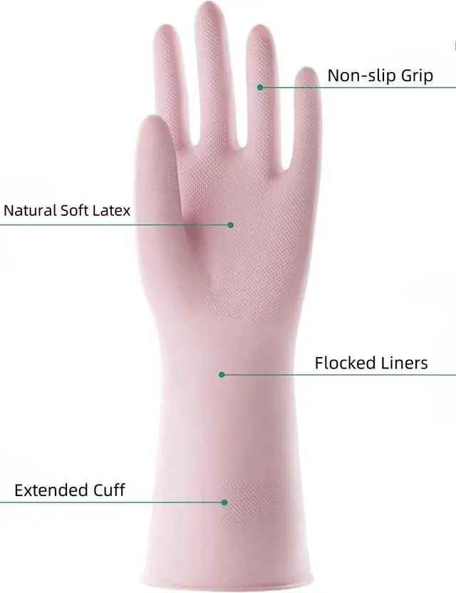 Alt view image 3 of 6 - Pink Non-Slip Waterproof Rubber Cleaning Gloves for Women | 1 Pair, Dish Gloves, Dishwashing, Cotton Liner, Kitchen Bathroom Use