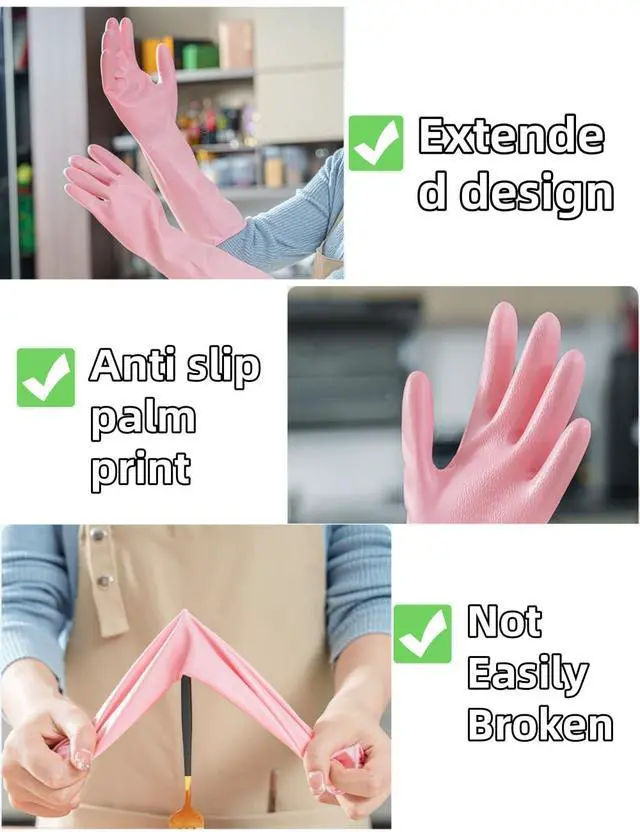Alt view image 4 of 6 - Pink Non-Slip Waterproof Rubber Cleaning Gloves for Women | 1 Pair, Dish Gloves, Dishwashing, Cotton Liner, Kitchen Bathroom Use