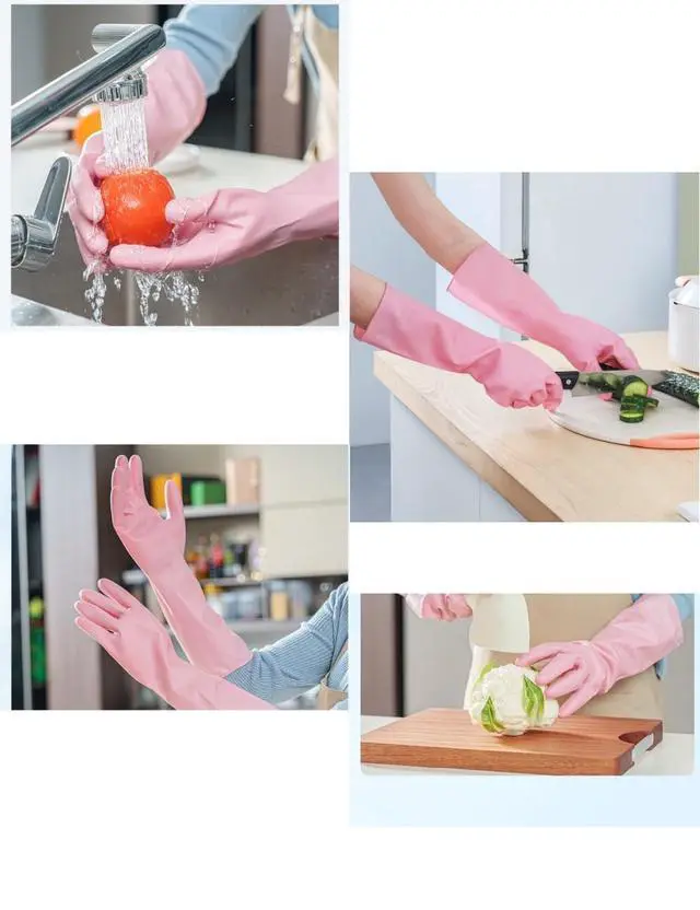 Alt view image 6 of 6 - Pink Non-Slip Waterproof Rubber Cleaning Gloves for Women | 1 Pair, Dish Gloves, Dishwashing, Cotton Liner, Kitchen Bathroom Use