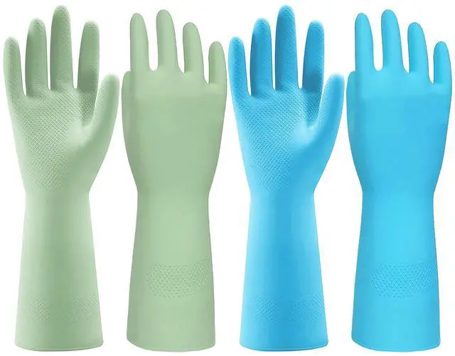 Main image of Kitchen Dishwashing Gloves, Durable and Reusable Rubber with Non-Slip Grip, For Household Chores, Multi-purpose Use for Pantry, Bathroom Laundry, Medium, 12-inch Long Cuff, 2 Pairs, Green & Blue