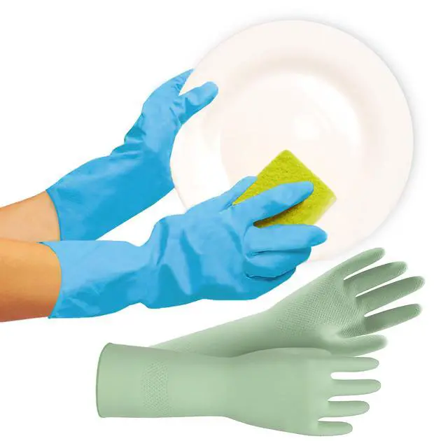 Alt view image 2 of 7 - Kitchen Dishwashing Gloves, Durable and Reusable Rubber with Non-Slip Grip, For Household Chores, Multi-purpose Use for Pantry, Bathroom Laundry, Medium, 12-inch Long Cuff, 2 Pairs, Green & Blue