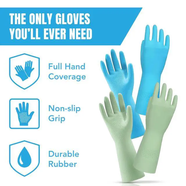 Alt view image 3 of 7 - Kitchen Dishwashing Gloves, Durable and Reusable Rubber with Non-Slip Grip, For Household Chores, Multi-purpose Use for Pantry, Bathroom Laundry, Medium, 12-inch Long Cuff, 2 Pairs, Green & Blue