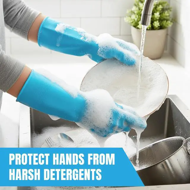Alt view image 4 of 7 - Kitchen Dishwashing Gloves, Durable and Reusable Rubber with Non-Slip Grip, For Household Chores, Multi-purpose Use for Pantry, Bathroom Laundry, Medium, 12-inch Long Cuff, 2 Pairs, Green & Blue