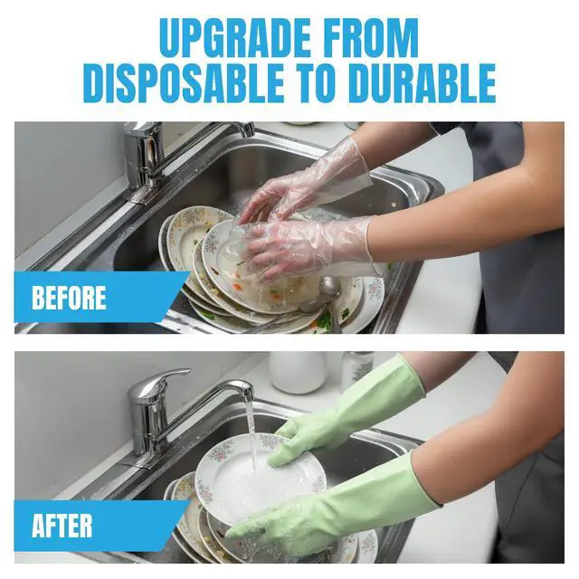 Alt view image 6 of 7 - Kitchen Dishwashing Gloves, Durable and Reusable Rubber with Non-Slip Grip, For Household Chores, Multi-purpose Use for Pantry, Bathroom Laundry, Medium, 12-inch Long Cuff, 2 Pairs, Green & Blue