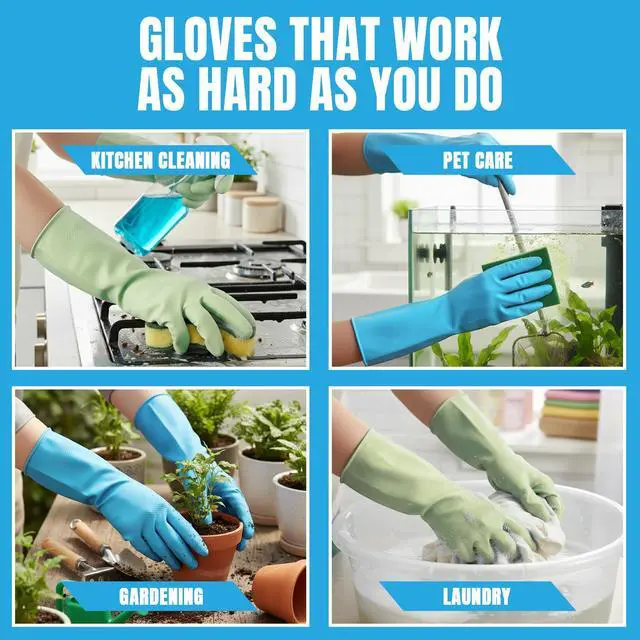Alt view image 5 of 7 - Kitchen Dishwashing Gloves, Durable and Reusable Rubber with Non-Slip Grip, For Household Chores, Multi-purpose Use for Pantry, Bathroom Laundry, Medium, 12-inch Long Cuff, 2 Pairs, Green & Blue