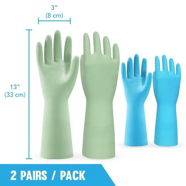 Alt view image 7 of 7 - Kitchen Dishwashing Gloves, Durable and Reusable Rubber with Non-Slip Grip, For Household Chores, Multi-purpose Use for Pantry, Bathroom Laundry, Medium, 12-inch Long Cuff, 2 Pairs, Green & Blue