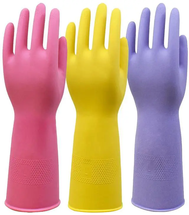 Main image of Rubber Kitchen Dishwashing, 3 Pairs, Medium, Pink/Yellow/Purple | Flexible Reusable Household Cleaning Gloves, Non-Slip Grip and Flocked Liner for Dishwashing, Kitchen Household Cleaning