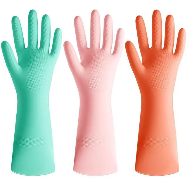Main image of Rubber Cleaning Dishwashing Kitchen Gloves - 3 Pairs Colorful Dish Gloves for Washing Dishes, Reusable Rubber Gloves, Pink Orange Mint Green (Medium)