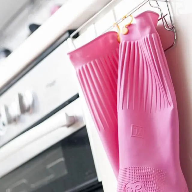 Alt view image 4 of 7 - Reusable Waterproof Household Dishwashing Non-Slip Cleaning Rubber Gloves with Hang-Dry Hook (1 Pair/Medium)