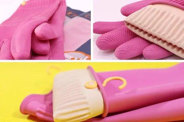 Alt view image 6 of 7 - Reusable Waterproof Household Dishwashing Non-Slip Cleaning Rubber Gloves with Hang-Dry Hook (1 Pair/Medium)