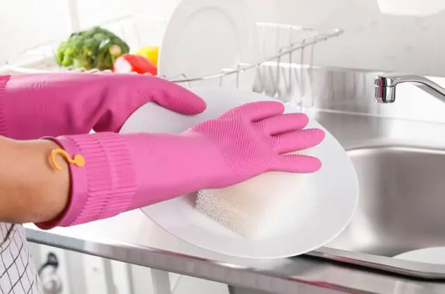 Alt view image 7 of 7 - Reusable Waterproof Household Dishwashing Non-Slip Cleaning Rubber Gloves with Hang-Dry Hook (1 Pair/Medium)