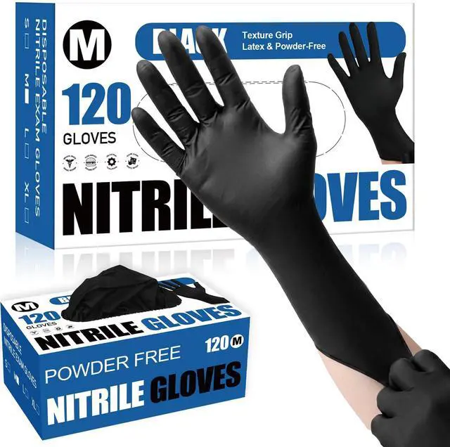 Main image of Disposable Black Nitrile Gloves, Medium, 4 Mil, 120 Count | Food-Grade Protection with Textured Grip, Oil & Grease Resistant for Cleaning and Food Prep, Latex-Free, Powder-Free