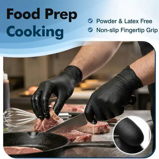 Alt view image 2 of 7 - Disposable Black Nitrile Gloves, Medium, 4 Mil, 120 Count | Food-Grade Protection with Textured Grip, Oil & Grease Resistant for Cleaning and Food Prep, Latex-Free, Powder-Free
