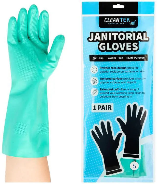 Main image of Clean Tek Professional 15 Mil Small Cleaning Gloves, 1 Pair Of Long Cuff Gloves - Flock Lining, No-Powder, Green Nitrile Chemical Tolerant Gloves, No-Latex, Heavy-Duty Tasks