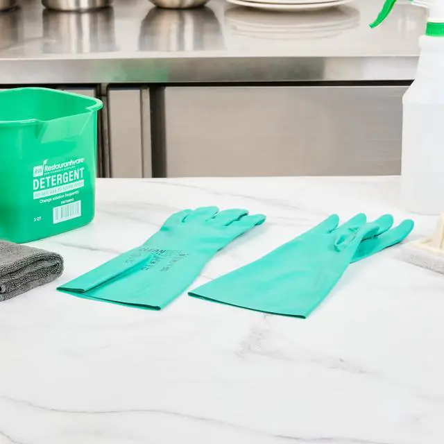 Alt view image 4 of 7 - Clean Tek Professional 15 Mil Small Cleaning Gloves, 1 Pair Of Long Cuff Gloves - Flock Lining, No-Powder, Green Nitrile Chemical Tolerant Gloves, No-Latex, Heavy-Duty Tasks