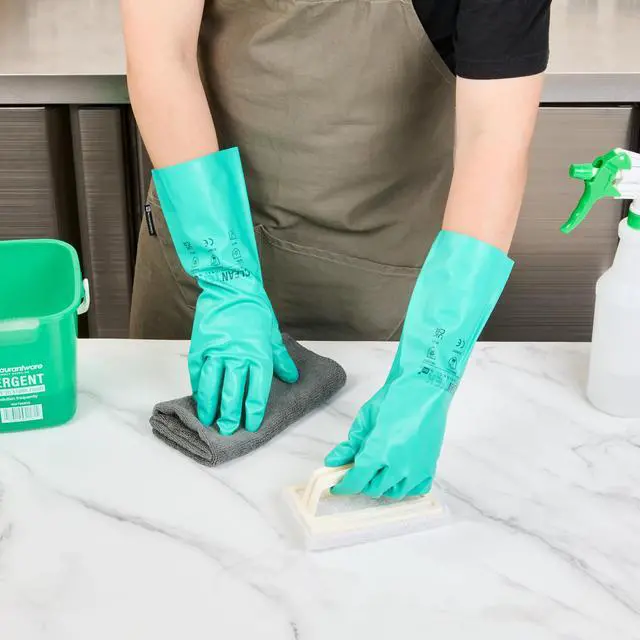 Alt view image 5 of 7 - Clean Tek Professional 15 Mil Small Cleaning Gloves, 1 Pair Of Long Cuff Gloves - Flock Lining, No-Powder, Green Nitrile Chemical Tolerant Gloves, No-Latex, Heavy-Duty Tasks