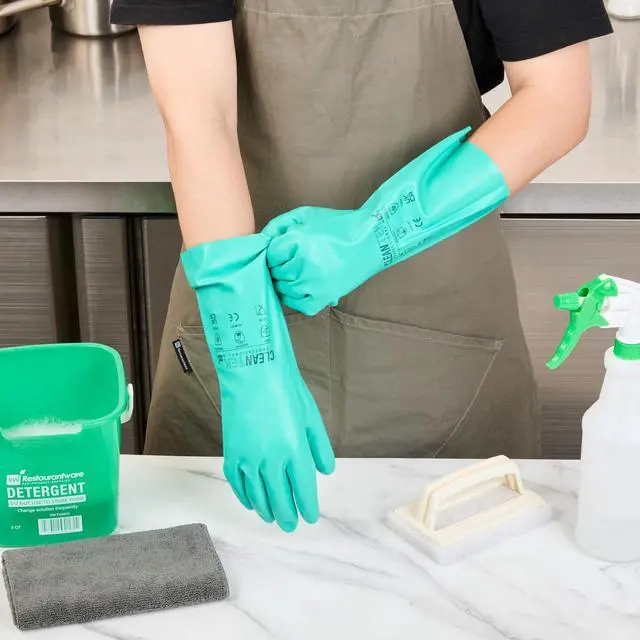 Alt view image 6 of 7 - Clean Tek Professional 15 Mil Small Cleaning Gloves, 1 Pair Of Long Cuff Gloves - Flock Lining, No-Powder, Green Nitrile Chemical Tolerant Gloves, No-Latex, Heavy-Duty Tasks