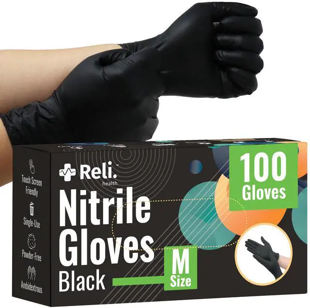 Main image of Black Nitrile Gloves, Medium (100 Pack) | Disposable Gloves | Powder Free, Latex Free, Food Safe | Single-Use | Premium Nitrile Rubber Material for Automotive Work, Cleaning, Cooking