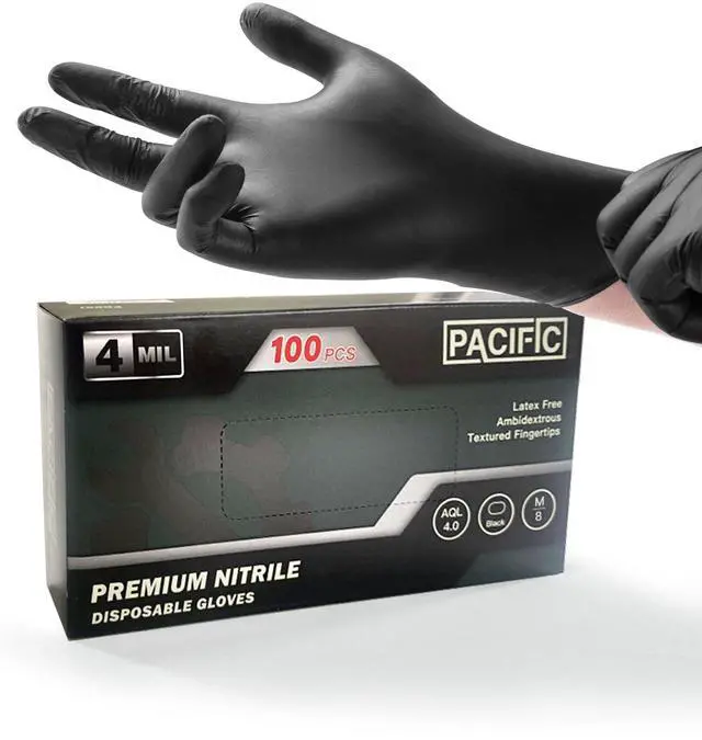 Main image of 4 Mil Black Nitrile Disposable Gloves, Food Safe, Latex-Free | Powder free, flexible fit, textured grip, ideal for cleaning, cooking, food prep, household and everyday tasks