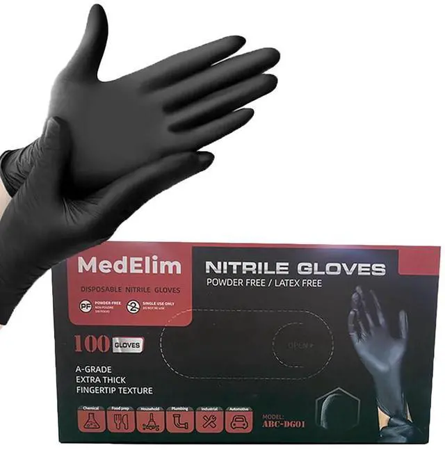 Main image of Medium Black Disposable Nitrile Gloves - 5 Mil, Latex & Powder Free, Textured, Food Safe - Pack of 100; Ideal Cleaning Supplies, Gloves Disposable Latex Free