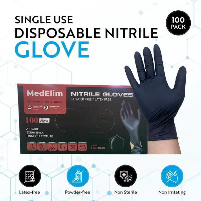 Alt view image 2 of 7 - Medium Black Disposable Nitrile Gloves - 5 Mil, Latex & Powder Free, Textured, Food Safe - Pack of 100; Ideal Cleaning Supplies, Gloves Disposable Latex Free