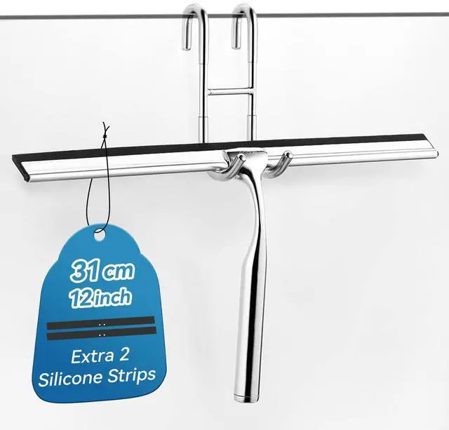 Main image of Shower Squeegee for Glass Doors,12" Large Shower Glass Cleaner | Silicone Blade with Stainless Steel Core, Streak-Free Wiper with Hanger for Bathroom, Kitchen, Car Windows & Mirrors, Siliver