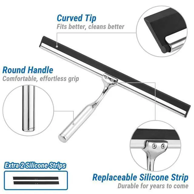 Alt view image 3 of 7 - Shower Squeegee for Glass Doors,12" Large Shower Glass Cleaner | Silicone Blade with Stainless Steel Core, Streak-Free Wiper with Hanger for Bathroom, Kitchen, Car Windows & Mirrors, Siliver